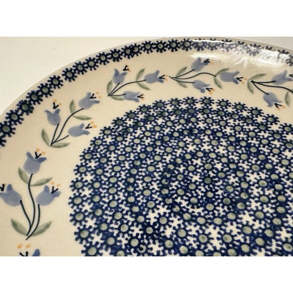 Boleslawiec Polish Art Pottery Dinner Plate 9.5” Polka Dots Staging Blue Floral - Picture 2 of 6